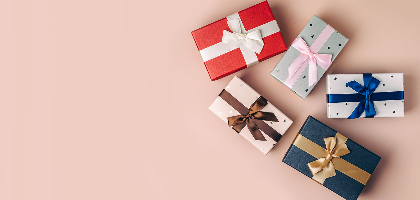 Wrapped gift boxes in different colours